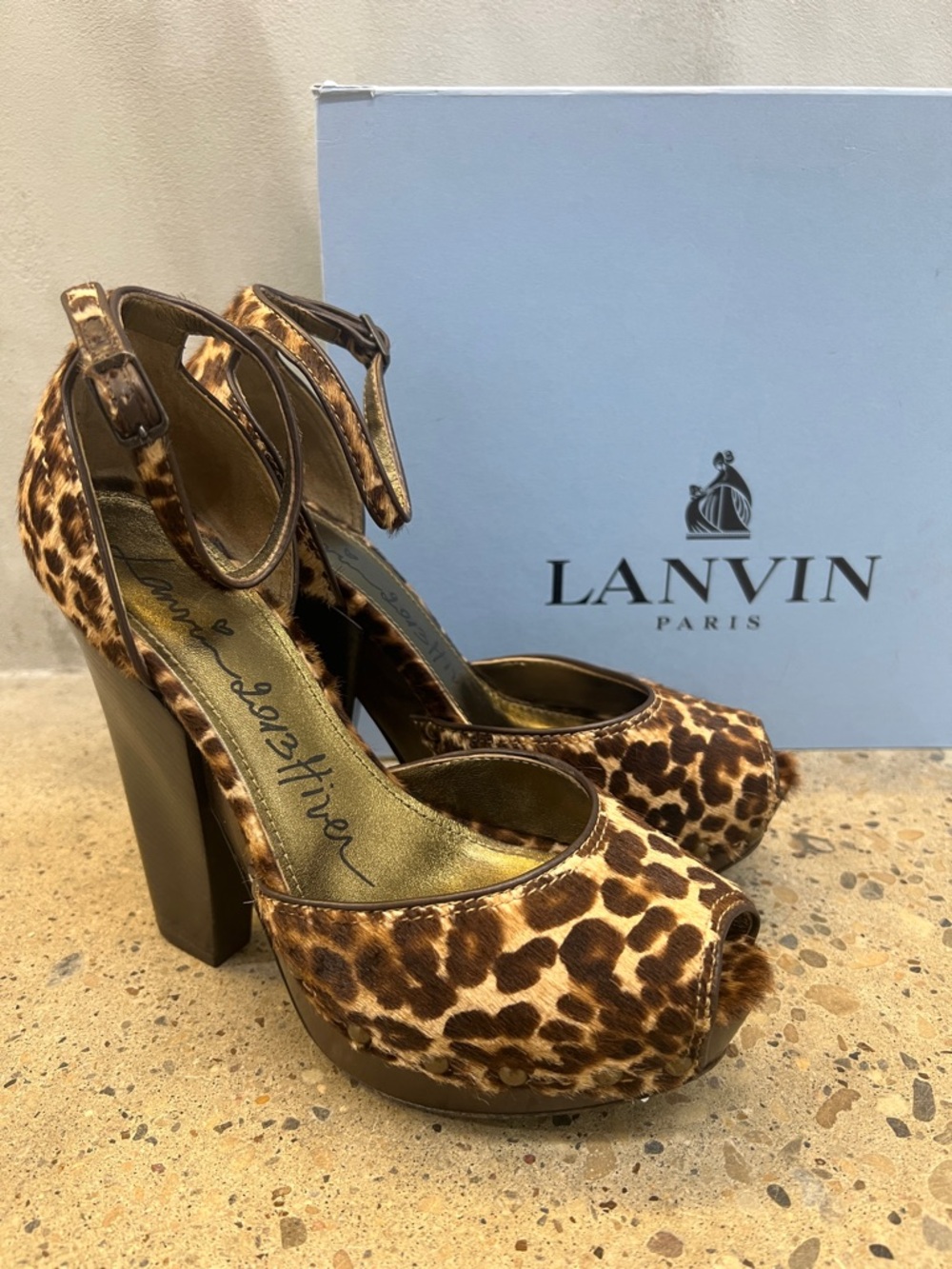 Lanvin Leopard Print Ankle-Strap Peep-Toe Platform Heels - Brown